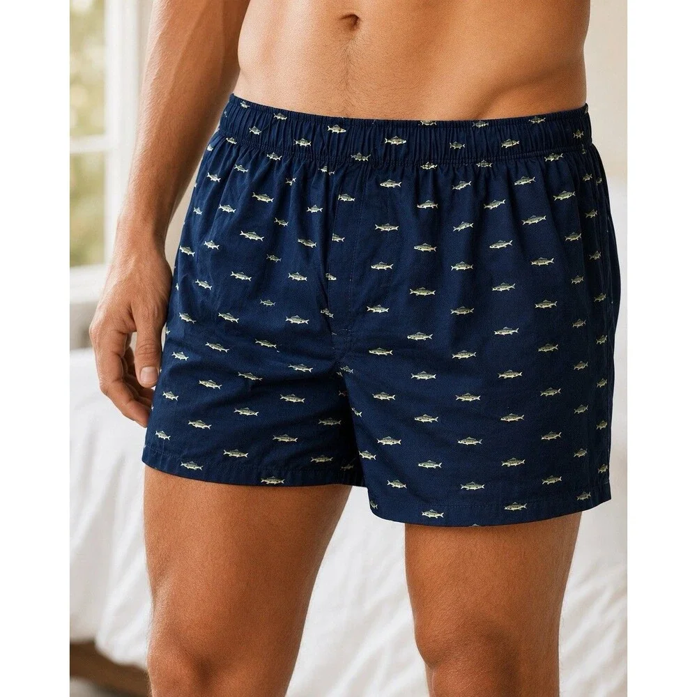 J Crew Mens M‎ Bass Fish Print Boxer Shorts Navy Blue Cotton Lounge Sleepwear